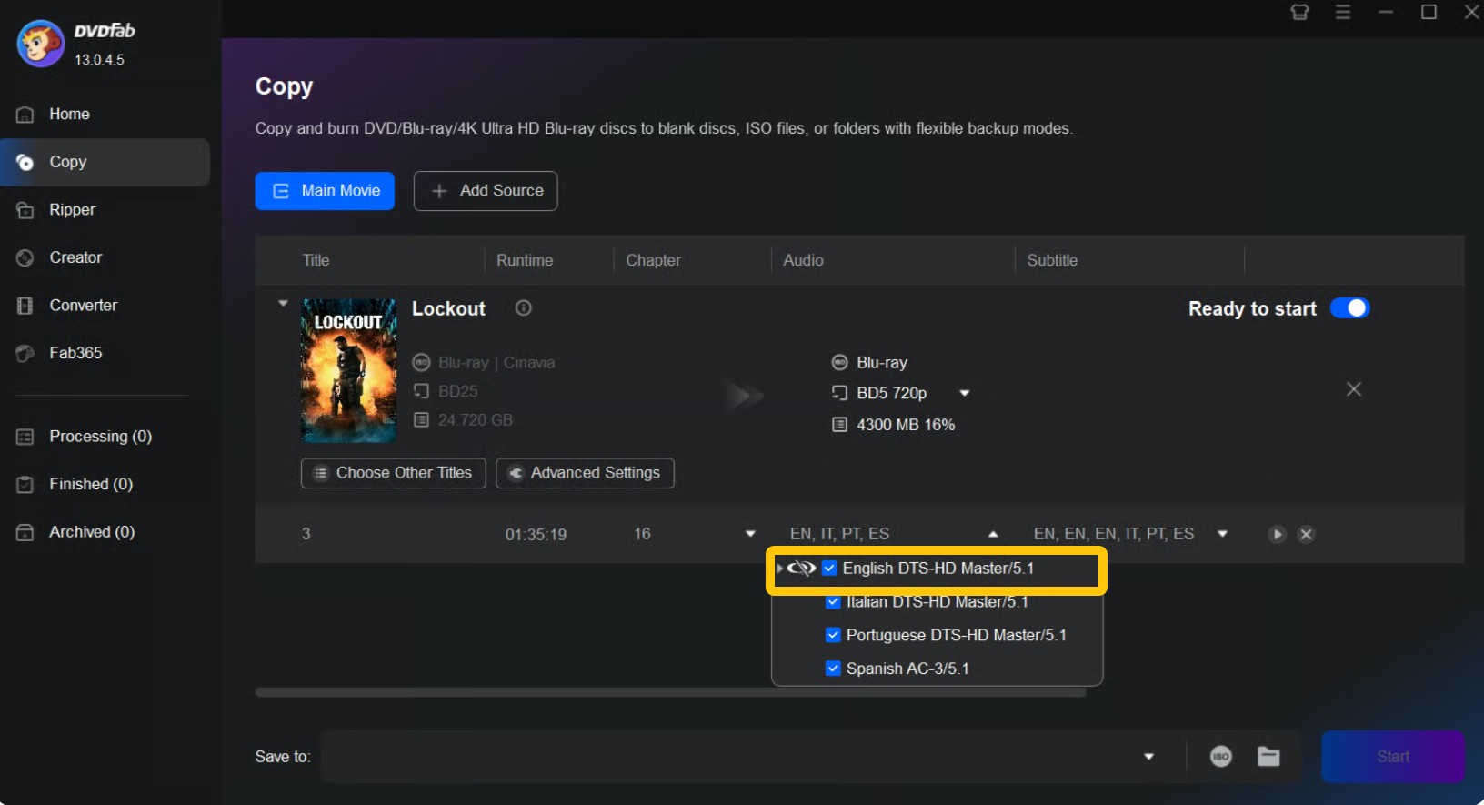 Die Cinavia-Tonspur auswählen