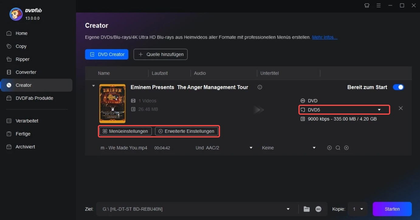 So konvertieren Sie AVI mit DVDFab DVD Creator in DVD