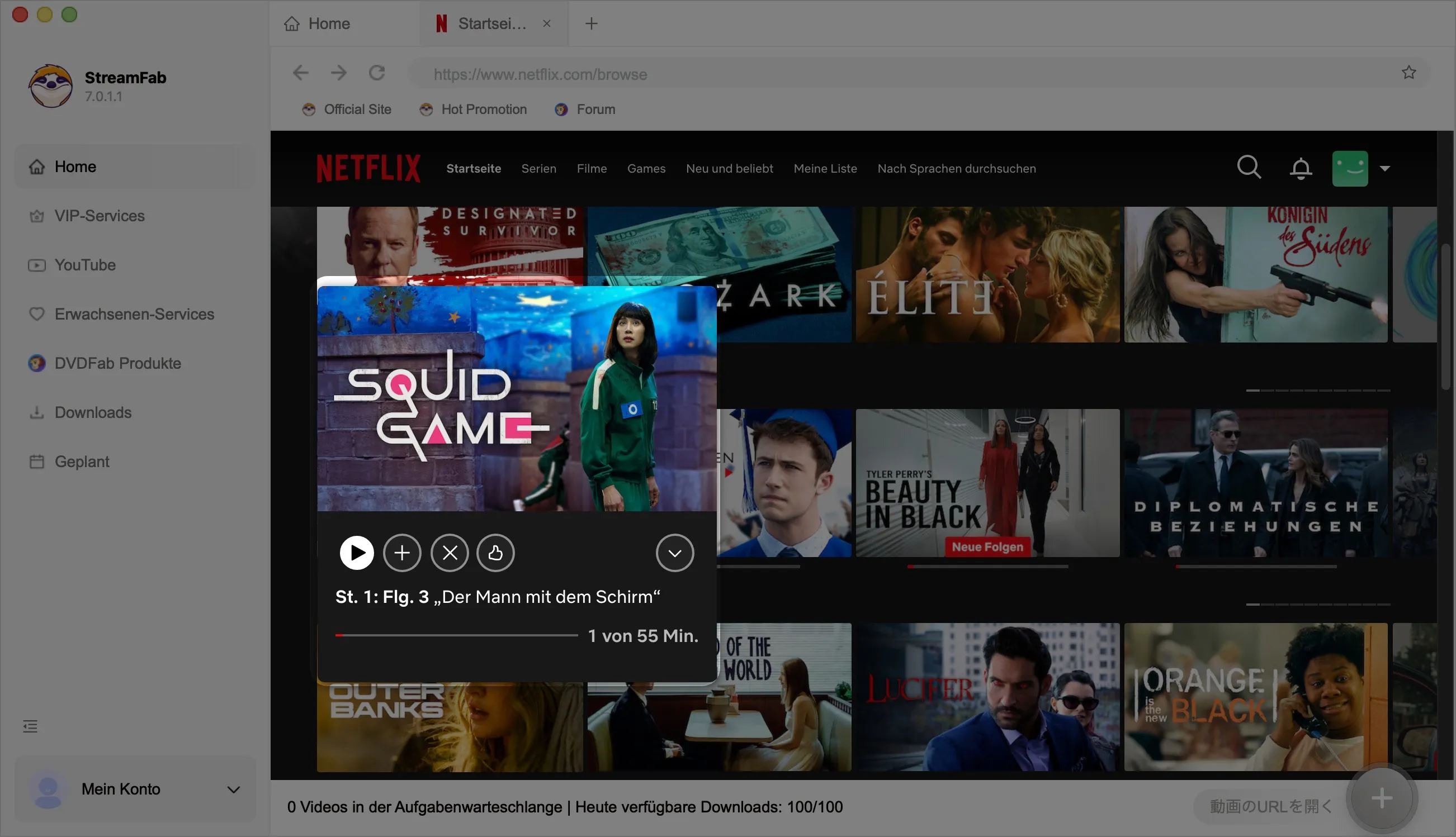 StreamFab öffnet Netflix im integrierten Browser – Startseite mit Squid Game