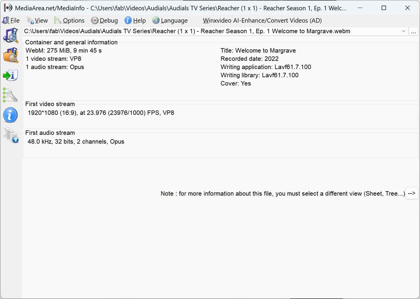a mediainfo screenshot of the recorded prime video title via audials one