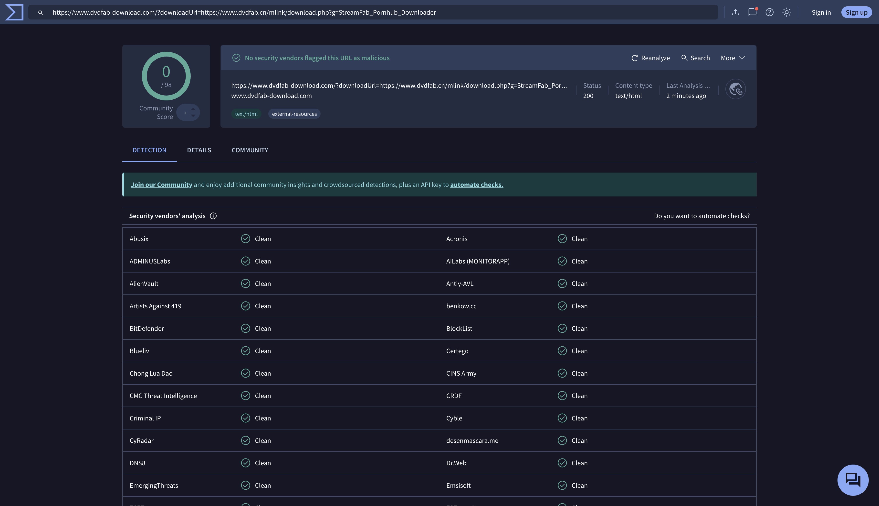 We've scanned the website and VirusTotal says it's all clear—no viruses. Remember to download only from the [https://www.dvdfab-download.com/?downloadUrl=https://www.dvdfab.cn/mlink/download.php?g=StreamFab_Pornhub_Downloader].