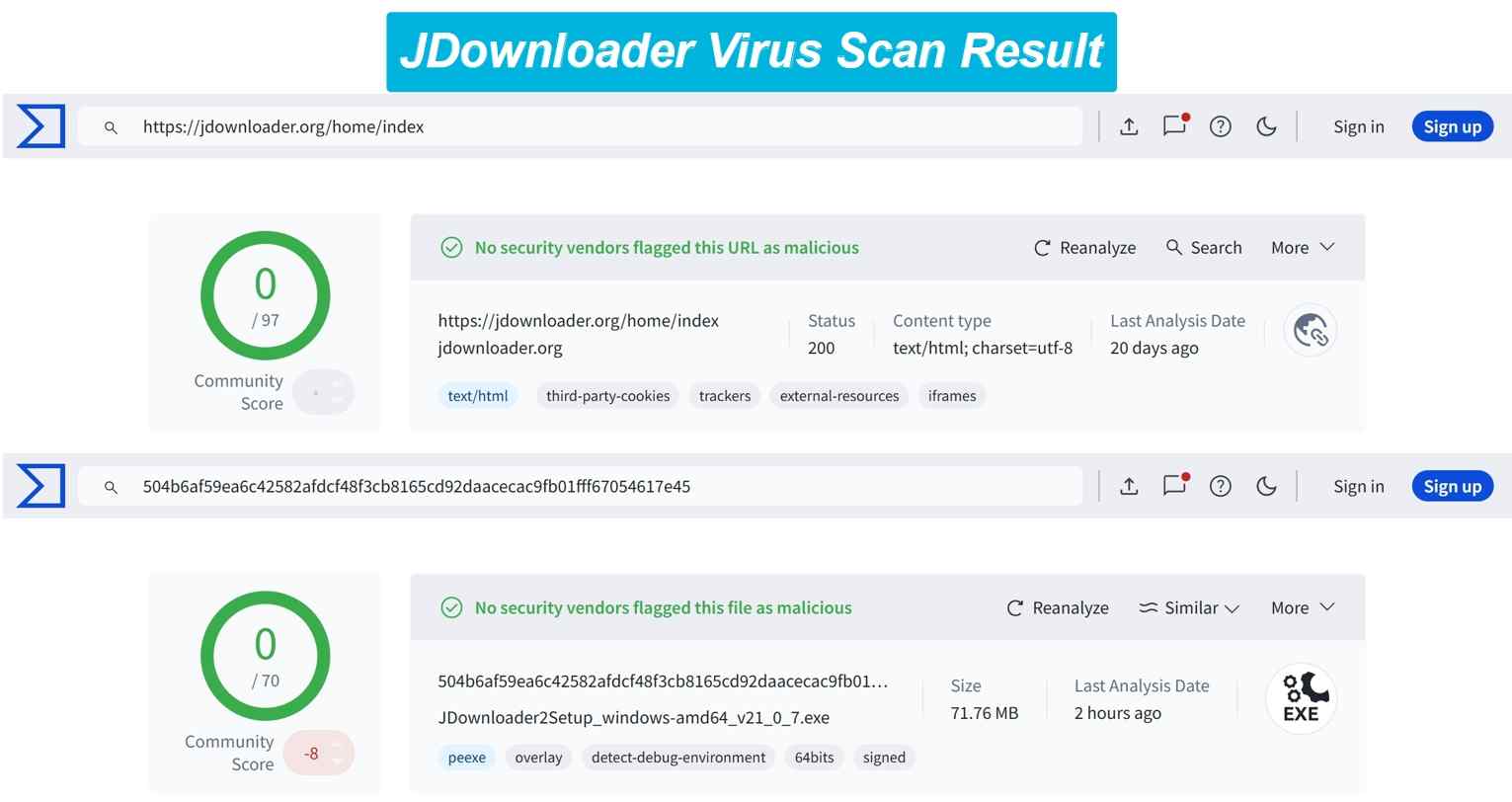 the virus scan result of the safe porn video downloader: jdownloader